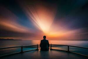 uma homem sentado em uma doca olhando às a pôr do sol. gerado por IA foto