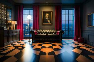 uma quarto com uma Preto e branco xadrez chão e uma Preto couro sofá. gerado por IA foto