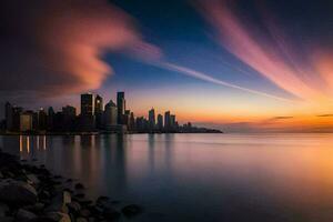 a Chicago Horizonte às pôr do sol. gerado por IA foto