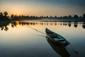 uma barco senta em a água às nascer do sol. gerado por IA foto