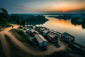 uma rio e uma poucos casas em a costa. gerado por IA foto