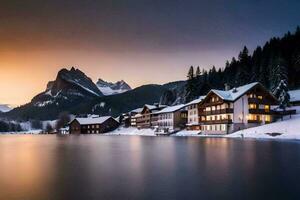 uma lago e casas dentro a neve às pôr do sol. gerado por IA foto