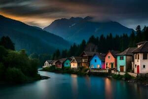 colorida casas linha a bancos do uma rio dentro a montanhas. gerado por IA foto