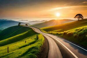 a estrada para a pôr do sol. gerado por IA foto