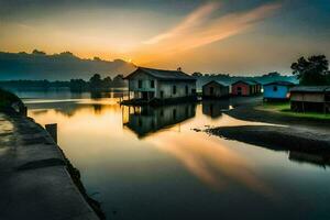 uma lindo pôr do sol sobre uma lago com casas em a costa. gerado por IA foto