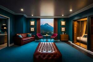 uma hotel quarto com azul paredes e uma Visão do a montanhas. gerado por IA foto