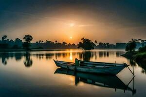 uma barco senta em a água às pôr do sol. gerado por IA foto