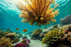 uma coral recife com muitos diferente tipos do peixe. gerado por IA foto