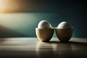 dois ovos dentro de madeira ovo copos em uma mesa. gerado por IA foto