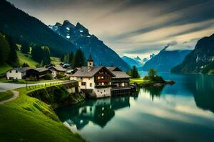 uma lago e montanha Vila dentro a Alpes. gerado por IA foto