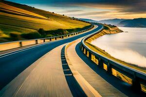 uma rodovia com uma estrada e água dentro a fundo. gerado por IA foto