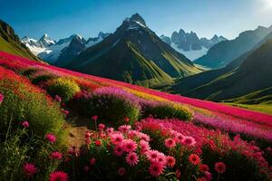 uma lindo campo do flores com montanhas dentro a fundo. gerado por IA foto