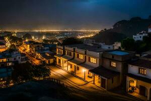 uma cidade às noite com luzes em a edifícios. gerado por IA foto