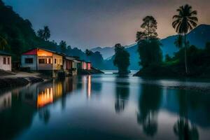 uma rio dentro a montanhas às noite com casas. gerado por IA foto