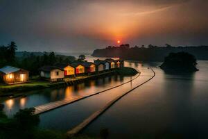 uma lindo pôr do sol sobre uma lago com casas em a costa. gerado por IA foto