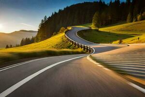 uma enrolamento estrada dentro a montanhas. gerado por IA foto