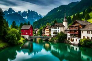 foto papel de parede montanhas, rio, casa, Suíça, a Alpes, Suíça, o. gerado por IA