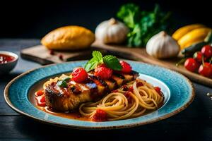 uma prato do massa com carne e tomates. gerado por IA foto