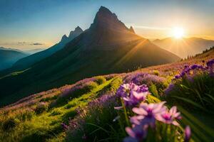 a Sol sobe sobre a montanhas e flores dentro a primeiro plano. gerado por IA foto