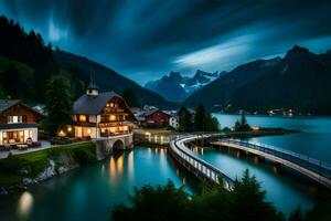 uma lago e uma ponte dentro a montanhas às noite. gerado por IA foto