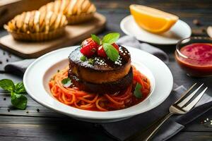 uma prato do espaguete com carne e tomate molho. gerado por IA foto