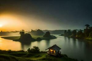 uma pequeno cabana senta em a Beira do uma lago às nascer do sol. gerado por IA foto