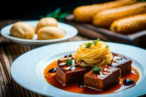 a Comida é servido em uma prato com milho e batatas. gerado por IA foto