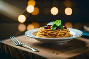 uma prato do espaguete com uma guarnição, enfeite, adorno do cereja tomates e manjericão folhas. gerado por IA foto