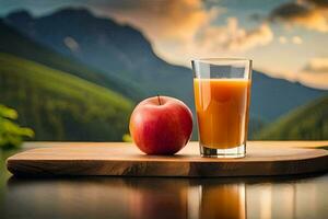 maçã suco e uma vidro do laranja suco em uma de madeira mesa dentro a montanhas. gerado por IA foto