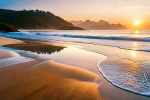 a Sol sobe sobre a oceano e ondas em a de praia. gerado por IA foto
