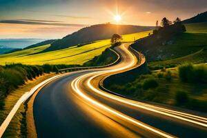 uma enrolamento estrada dentro a campo às pôr do sol. gerado por IA foto