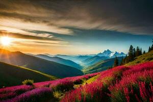 a Sol sobe sobre a montanhas e flores dentro a primeiro plano. gerado por IA foto