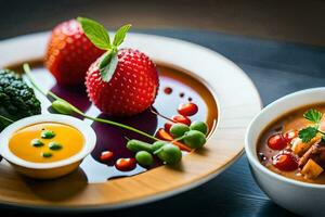 uma prato do sopa com uma tigela do legumes e uma tigela do molho. gerado por IA foto