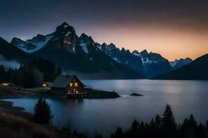 uma cabine senta em a costa do uma lago às pôr do sol. gerado por IA foto