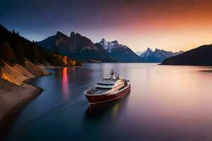 uma barco é Navegando em a água perto montanhas. gerado por IA foto