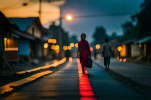 dois pessoas caminhando baixa uma rua às crepúsculo. gerado por IA foto