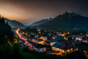 uma Cidade dentro a montanhas às noite. gerado por IA foto