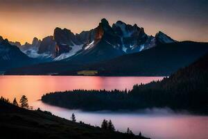 uma lindo pôr do sol sobre uma lago e montanhas. gerado por IA foto