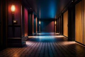 uma grandes corredor com luzes em a paredes. gerado por IA foto