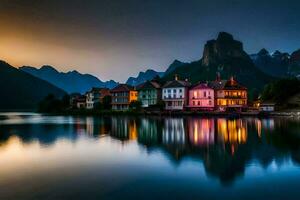 uma lago e casas dentro a montanhas às crepúsculo. gerado por IA foto