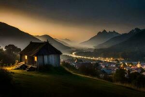 uma pequeno cabine dentro a montanhas às crepúsculo. gerado por IA foto