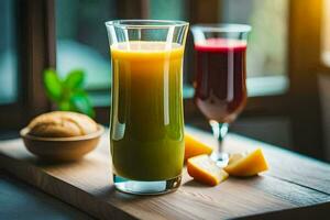 dois óculos do suco em uma mesa. gerado por IA foto