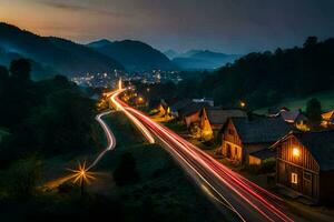 uma Cidade às crepúsculo com luz trilhas em a estrada. gerado por IA foto