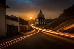 uma grandes exposição foto do uma Igreja e uma estrada às pôr do sol. gerado por IA