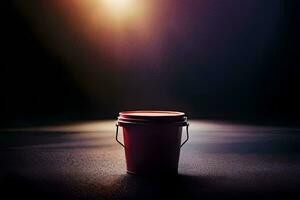 uma vermelho balde sentado em uma Sombrio chão. gerado por IA foto