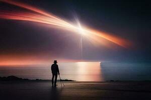 uma homem em pé em a de praia olhando às a céu. gerado por IA foto