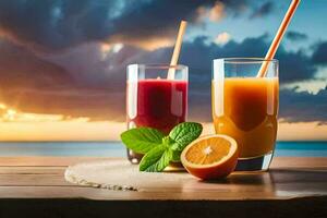 dois óculos do suco com palhas e laranjas em a de praia. gerado por IA foto