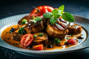 uma prato do Comida com carne e legumes. gerado por IA foto