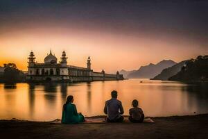 uma família senta em a costa do uma lago às pôr do sol. gerado por IA foto