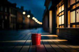 uma vermelho copo sentado em a rua às noite. gerado por IA foto